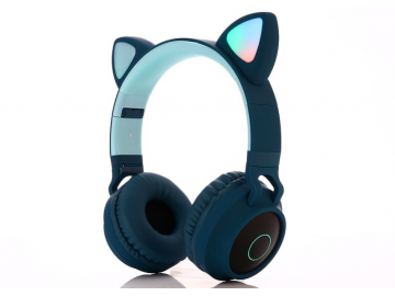 Fone de Ouvido Bluetooth com Orelhas de Gato Led - Azul Escuro 