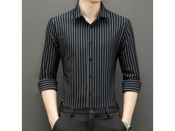 Camisa Masculina Social Listrada Confort Stretch Manga Longa - Preto 