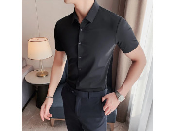 Camisa Masculina Slim Fit Confort Stretch Manga Curta - Preta 