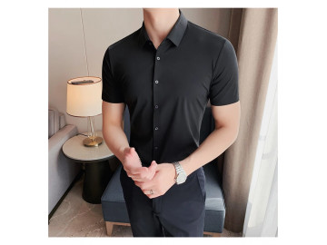 Camisa Masculina Slim Fit Confort Stretch Manga Curta - Preta