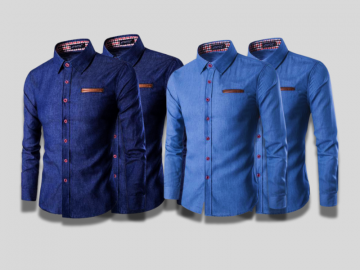 Kit 4 Camisas Masculina Jeans Slim Manga Longa - Azul e Azul Claro 